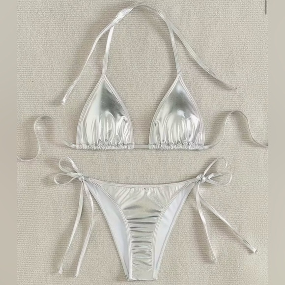 Glamorous Silver Halter Side Tie Bikini Set - Picture 8 of 14
